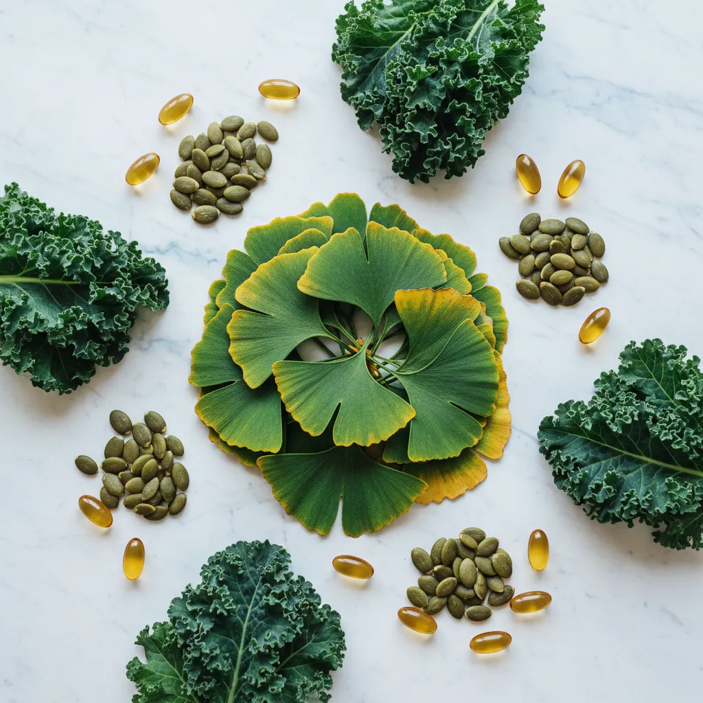 Natural supplement ingredients: ginkgo biloba leaves, zinc pumpkin seeds, magnesium greens and amber capsules